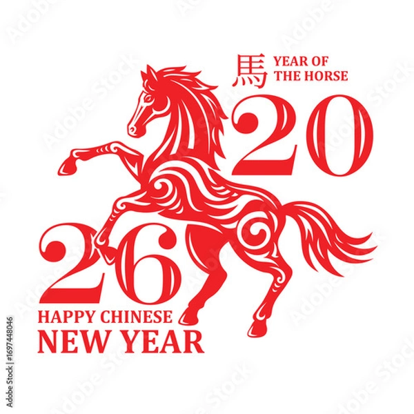 Fototapeta Red decorative illustration of a horse celebrating the Chinese New Year 2026, symbolizing the Year of the Horse with traditional Asian design elements and bold typography.