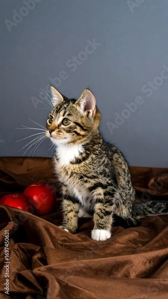Fototapeta Cute tabby kitten, looking up, on brown fabric with apples