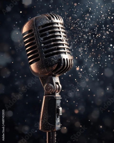Fototapeta Vintage microphone with sparkling dust particles against a dramatic dark background, perfect for music themes and retro designs