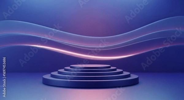 Fototapeta Elegant Blue Podium Stage With Dynamic Wavy Background for Product Display