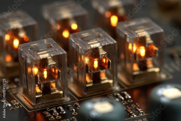 Fototapeta Macro View of Electrical Relay Components with Illuminated Indicators on a Circuit Board