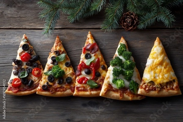 Fototapeta Delicious Christmas tree pizza slices arranged in a festive display on rustic wooden table, garnished with fresh vegetables and herbs, perfect for holiday celebrations