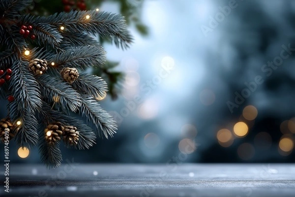 Fototapeta Festive Christmas tree branches adorned with pine cones and twinkling lights create a warm holiday atmosphere, perfect for seasonal celebrations and joyful gatherings with copy space