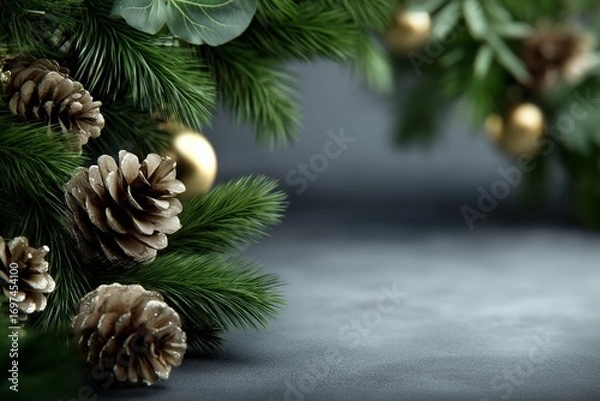 Fototapeta Festive garlands adorned with pinecones and golden ornaments frame the center of the image, creating a warm and inviting Christmas atmosphere with rich textures