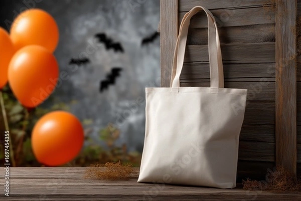 Fototapeta Mockup of a blank tote bag hanging on a rustic wooden wall, surrounded by vibrant orange balloons and Halloween-themed decorations, perfect for seasonal design projects