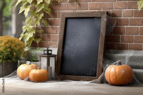 Fototapeta Halloween-themed mockup featuring a rustic wooden frame with a blank chalkboard, surrounded by pumpkins, spider webs, and autumn foliage, creating a festive atmosphere with copy space
