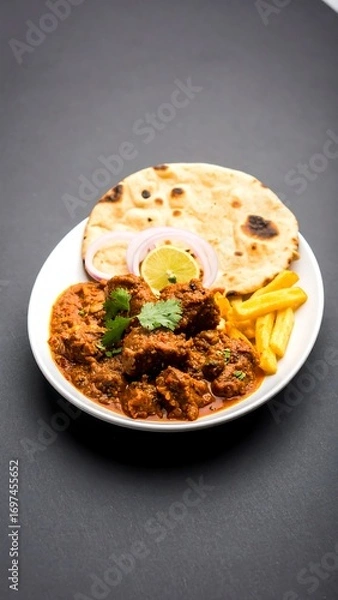 Fototapeta A plate of flavorful curry with meat, roti, and fries