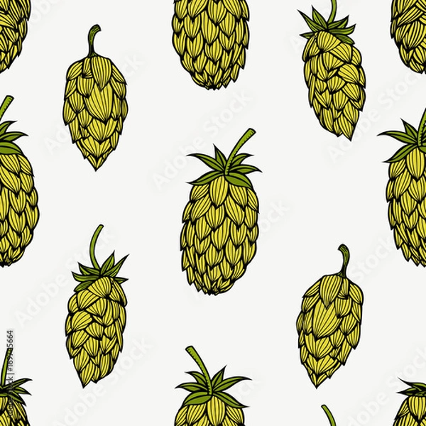 Obraz Seamless pattern with green hops. Vector illustration.