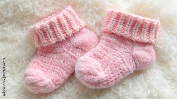 Fototapeta A cozy pair of warm, pink baby socks knitted from soft wool on a matching background