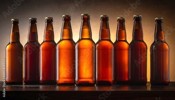 Fototapeta Amber beer bottles aligned