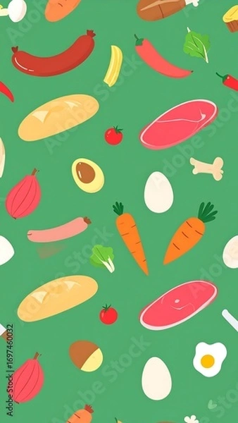 Fototapeta Food pattern of various ingredients on a green background