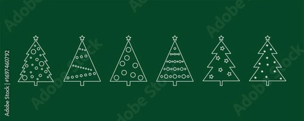 Fototapeta Christmas tree, set of icons, contour isolated on green, festive simple line illustration, vector. Decorative abstract element for decoration, design, postcards, labels, greetings