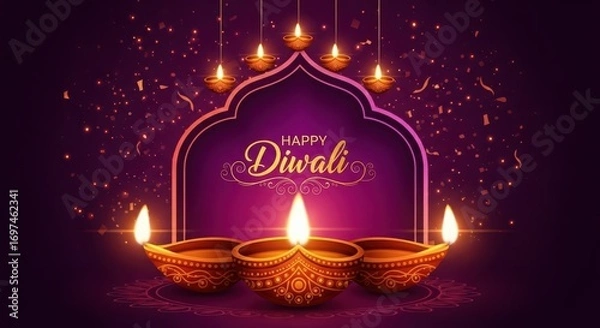 Fototapeta Happy diwali greeting with three lit diya oil lamps in an ornate archway, surrounded by festive confetti and bokeh lights