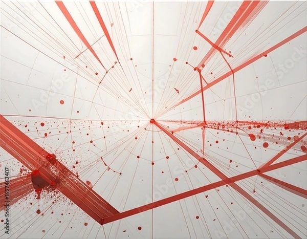 Fototapeta Abstract red lines and geometric shapes on white background, radiating from a central point