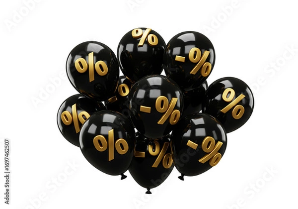 Fototapeta Black balloons with golden percentage symbols isolated on transparent background