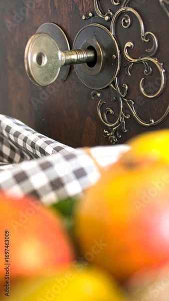 Fototapeta Antique-style wooden cabinet lock with keyhole,  and blurred fruit and checkered cloth in the foreground