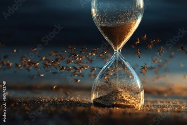 Fototapeta Hourglass with flowing sand surrounded by swirling particles creating a sense of time and movement in a serene environment
