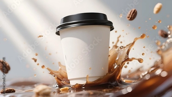 Obraz Realistic Mockup Coffee Cup with Dynamic Splash and Flying Ingredients