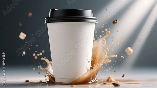 Obraz Realistic Mockup Coffee Cup with Dynamic Splash and Flying Ingredients