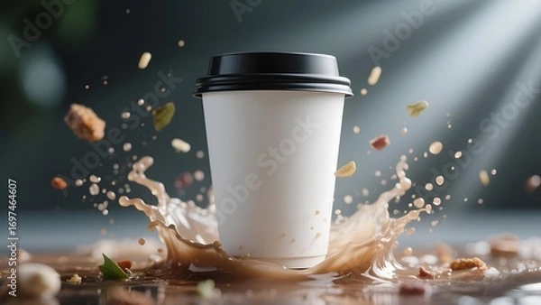 Obraz Realistic Mockup Coffee Cup with Dynamic Splash and Flying Ingredients