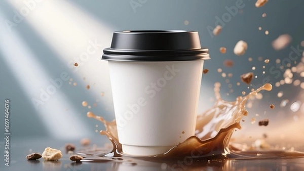 Obraz Realistic Mockup Coffee Cup with Dynamic Splash and Flying Ingredients