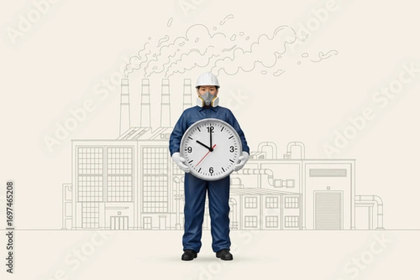 Obraz Worker holding a large clock in front of a factory drawing. This image tells a story of the importance of time management, deadlines