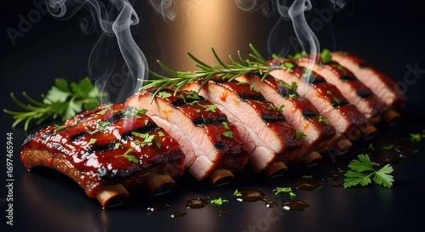 Fototapeta Sliced BBQ ribs, glistening with sauce, garnished with herbs, on a dark surface, with steam rising