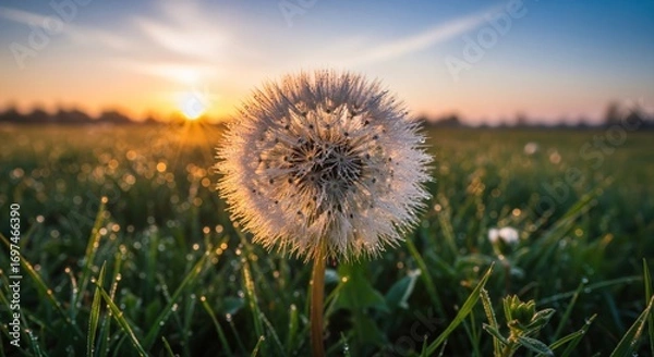 Fototapeta A dandelion at sunrise in a dewy field