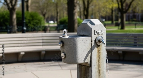 Fototapeta A gray metal drinking fountain in a park.  Springtime trees and benches surround it