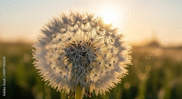 Fototapeta Close-up of a dandelion seed head at sunset.  Soft focus on the surrounding field