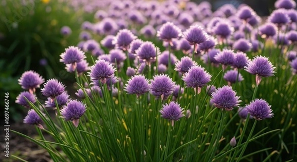 Fototapeta Close-up of vibrant purple chives in bloom.  Sunlight highlights the delicate flower clusters