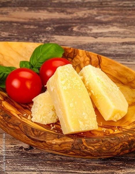 Fototapeta Sliced cheese on wooden bowl with tomatoes and basil