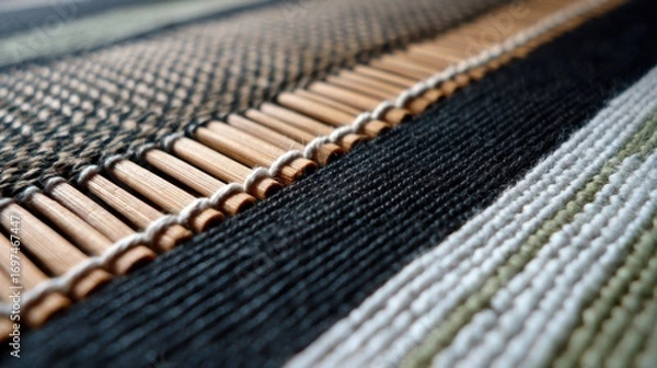 Fototapeta Close-Up of Intricate Woven Textile Showing Detailed Patterns in Black, White, and Earthy Tones for Art and Craft Projects
