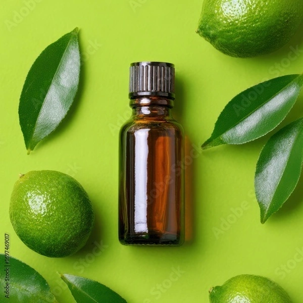 Fototapeta Green Background with Lime Fruits and Essential Oil Bottle for Natural Health and Wellness Concepts
