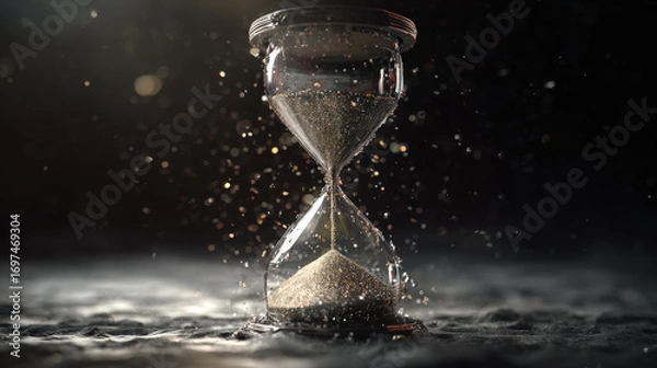 Fototapeta shattered glass hourglass with sand cascading outward in zero gravity scene dramatic stillness illustration concept scene visual for commercial design use high detail quality stock image illustration 