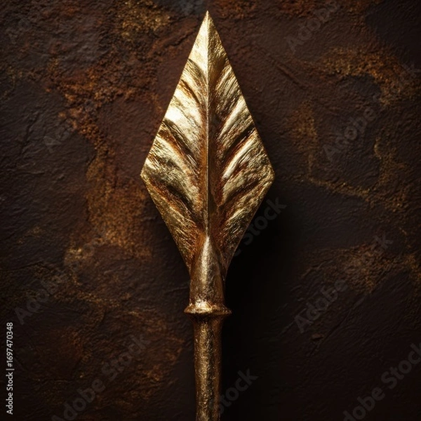 Fototapeta Golden spearhead on textured dark background, showcasing intricate details of metalwork and craftsmanship in still life composition