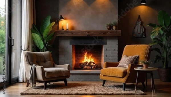 Fototapeta Cozy Living Room Fireplace Comfortable Armchair and Side Table, Perfect for Intimate Conversations, Soft Lighting, Warm and Inviting Atmosphere