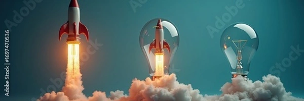 Fototapeta Rocket ship launching from light bulbs, symbolizing innovative ideas and inspiration.  Three light bulbs, each with a rocket inside, portray the concept of generating new solutions.
