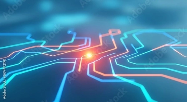 Fototapeta Dynamic Digital Circuit Board With Glowing Lines and Futuristic Technology