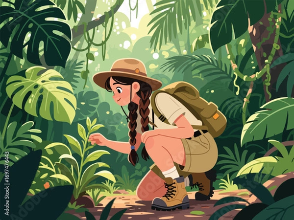 Fototapeta Flat Design of Adventurer Exploring Dense Jungle - Flat 2D Vector Illustration