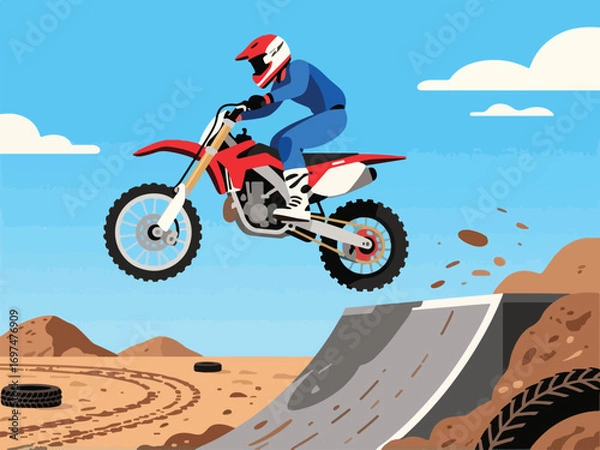 Fototapeta Flat Design of Motocross Rider Jumping Off Ramp - Flat 2D Vector Illustration