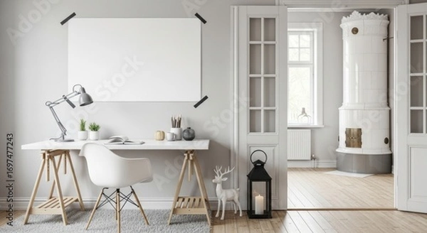 Obraz Bright Scandinavian Home Office with Blank Canvas and Decorative Fireplace