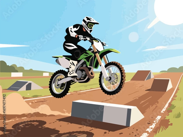 Fototapeta Flat Design of Motocross Rider Jumping Over Obstacle - Flat 2D Vector Illustration
