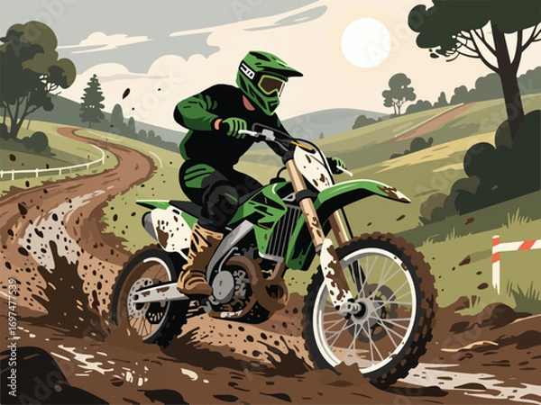 Fototapeta Flat Design of Motocross Rider Racing Through Muddy Track - Flat 2D Vector Illustration