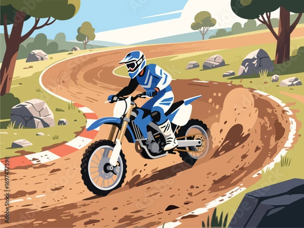 Fototapeta Flat Design of Motocross Rider Practicing Drift on Dirt Track - Flat 2D Vector Illustration