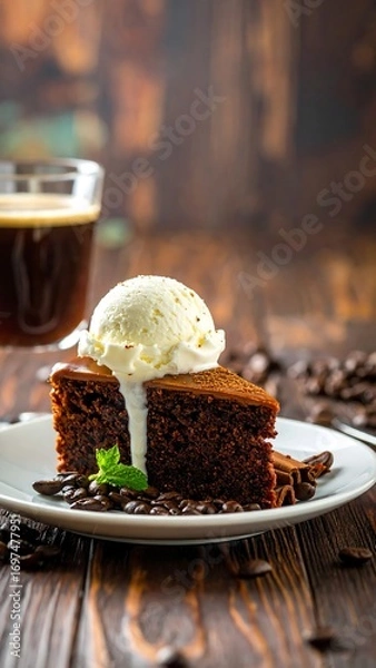 Fototapeta Chocolate cake slice with ice cream, coffee, and coffee beans
