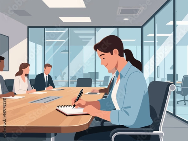 Fototapeta Flat Design of Office Worker Taking Notes in Meeting - Flat 2D Vector Illustration