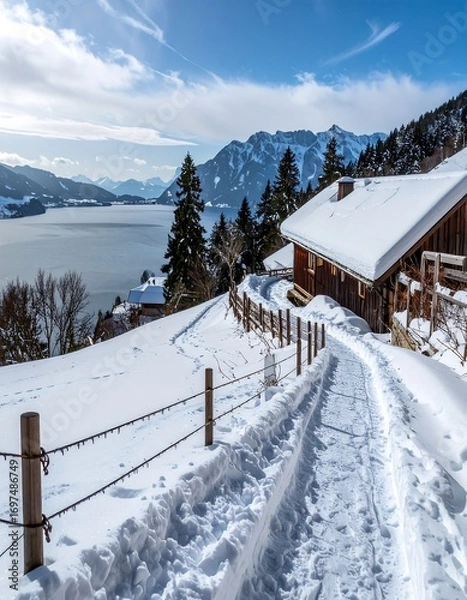 Fototapeta Snowy mountain path leading to a chalet, overlooking a lake