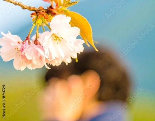 Fototapeta Delicate pink cherry blossoms in soft focus, with a blurred person in the background