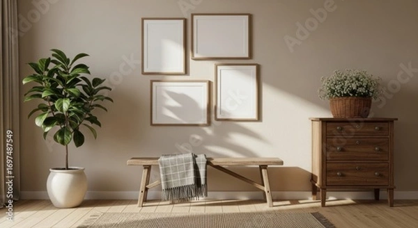 Obraz Elegant Interior with Blank Frames, Wooden Bench, and Lush Green Plant